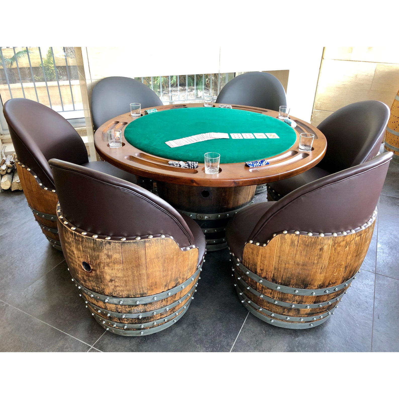Wine Barrel Poker Set 6Chair Game Table Set Etsy