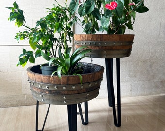 Indoor Barrel Planter (Wine Barrel Table - Whiskey Barrel - Barrel Table - Bourbon Barrel Table - Modern Indoor Planter - Steel Hairpin)