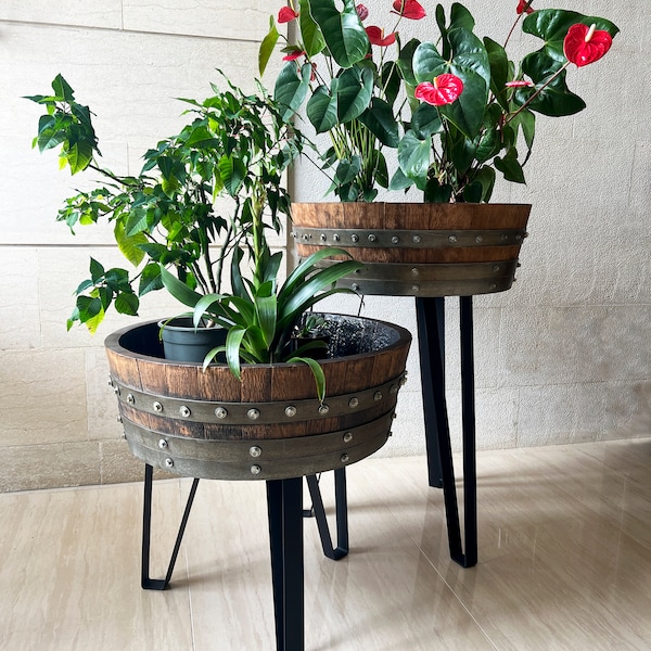 Indoor Barrel Planter (Wine Barrel Table - Whiskey Barrel - Barrel Table - Bourbon Barrel Table - Modern Indoor Planter - Steel Hairpin)