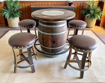 Oak Wine & Whiskey Barrel Bistro Pub Table Set - Home Bar with Footrest and Stools