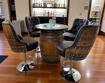 Whiskey Barrel Bar Stool with Hydraulic Adjustable Height, Wine Barrel Memory Foam Pub Chair, Bourbon Man Cave Decor