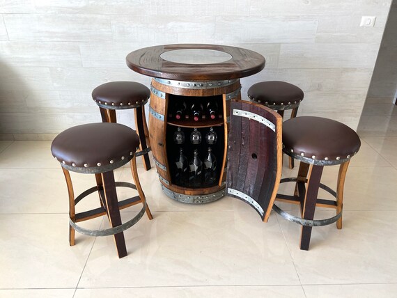 Oak Barrel Pub Table Set Counter Height Wood Glass Top Cabinet Storage Bar Stools Home Bar Man Cave Handmade from Family Business Etsy