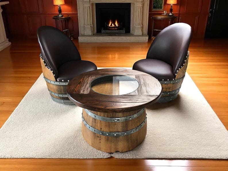 Whiskey Barrel Coffee Table Set With 2 Brown Chairs, Wine Barrel Living ...
