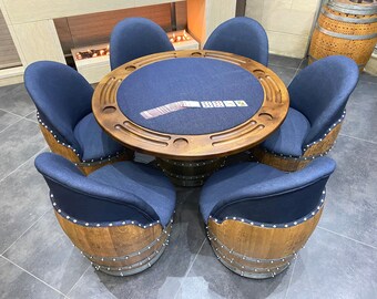 Total Denim Wine Barrel Poker Set (6-Chair Game Table Set)