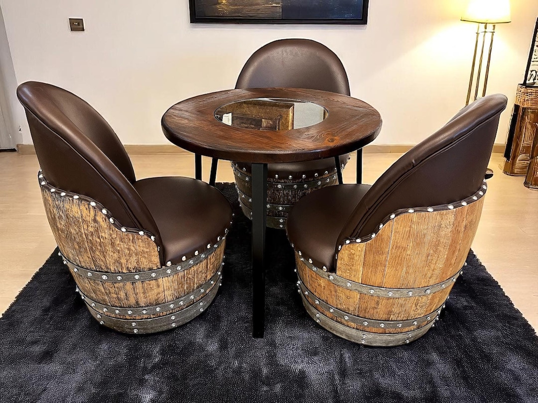 Whiskey Barrel Table and 3 Chair Set With Modern Steel Frame, Wine ...
