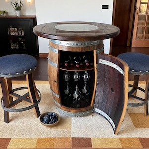 2-Sool Oak Barrel Pub Table Set (Navy Blue), Counter Height Barrel, Cabinet Storage, Bar Stools, Home Bar - Handmade Family Business