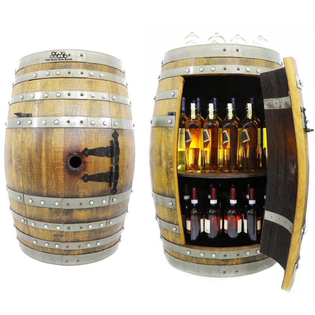 Oak Wine &amp; Whiskey Barrel Cabinet: Rustic Home Bar Storage - Etsy