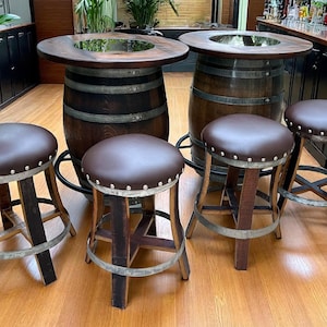 Rustic Double Wine & Whiskey Oak Barrel Bistro Set: Bar with Footrail and Optional Stools