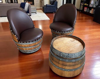 Wine Whiskey Barrel Coffee Table Set with Chairs: Rustic Solid Oak  Furniture