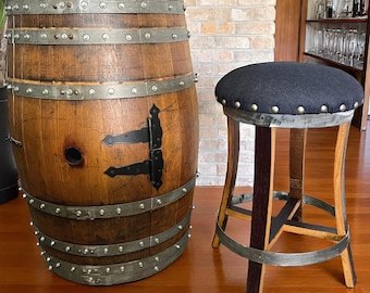 Whiskey Barrel Bar Stool with Dark Navy Memory Foam Seat, Wine Barrel Counter Stool, Bourbon Barrel Man Cave Decor, Anniversary Gift