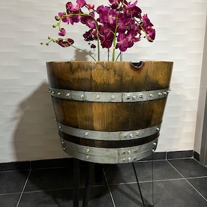 Wine & Whiskey Barrel Planter Table: Reclaimed Oak with Steel Legs