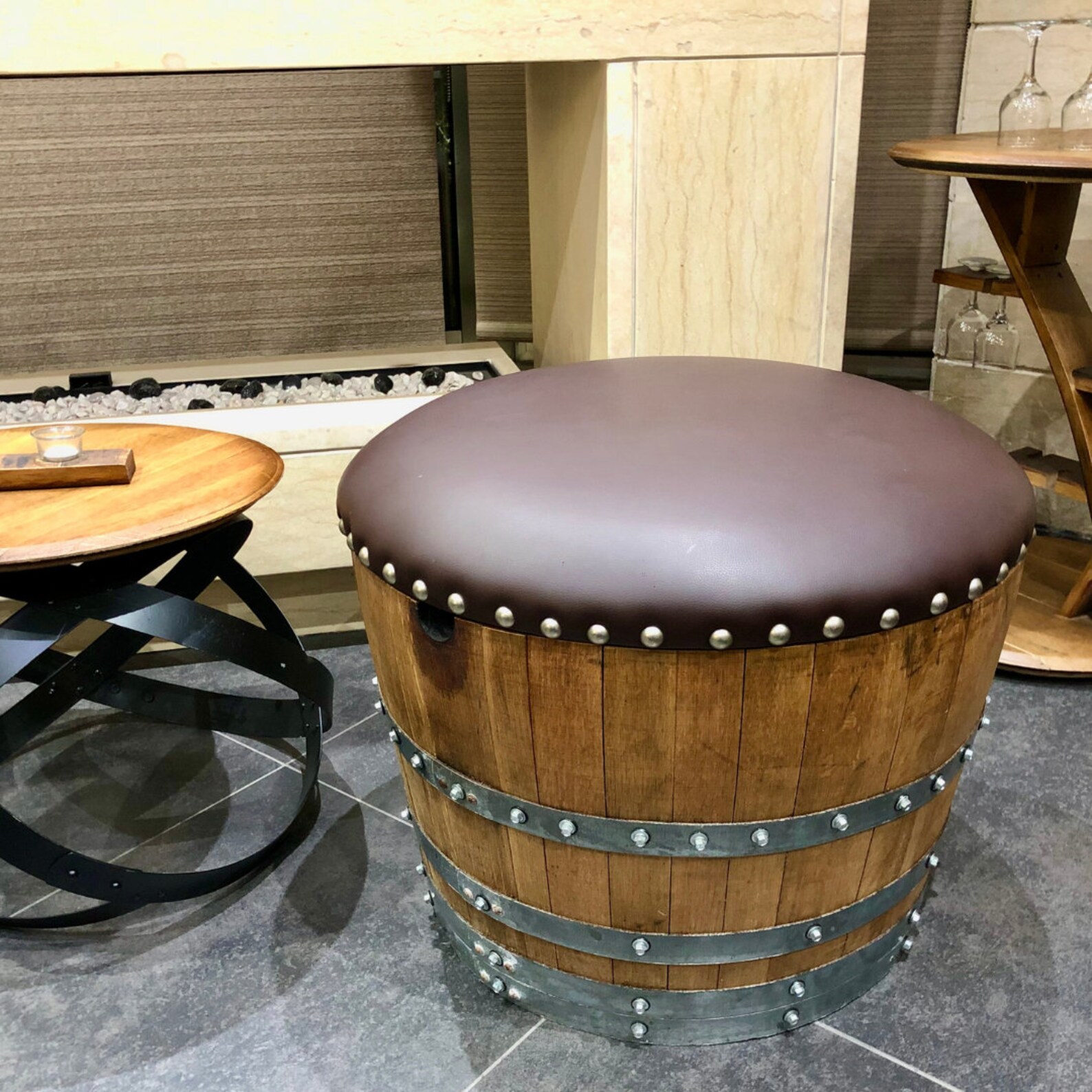 Wine & Whiskey Barrel Ottoman Chair, Bourbon Oak Hidden Storage Seat ...