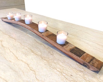Wine & Whiskey Barrel Stave Candle Holder, Bourbon Oak Table Centerpiece with 5 Votives, Man Cave Decor Wedding Anniversary Gift