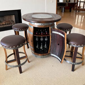 Whiskey Barrel Pub Table Set with Bar Stools, Bourbon Barrel Home Bar Furniture, Man Cave Decor, Anniversary Gift for Him, Handmade Oak
