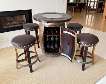Whiskey Barrel Pub Table Set with Bar Stools, Bourbon Barrel Home Bar Furniture, Man Cave Decor, Anniversary Gift for Him, Handmade Oak