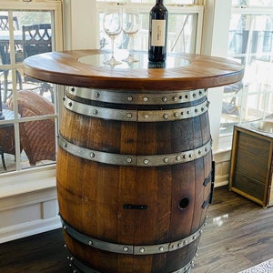 Table Top with Glass Center for Whiskey or Wine Barrel, Reclaimed Rustic, Elegant Style, Hand Wire Brushed Solid Wood (TOP ONLY)