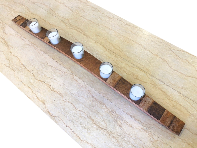 Wine & Whiskey Barrel Stave Candle Holder, Bourbon Oak Table Centerpiece with 5 Votives, Man Cave Decor Wedding Anniversary Gift image 4