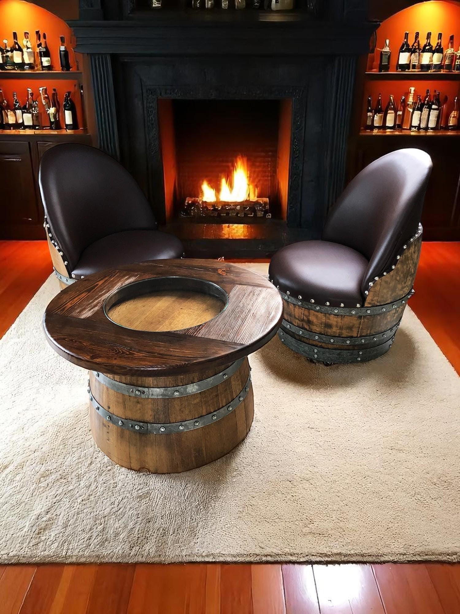 Whiskey Barrel Coffee Table Set With 2 Brown Chairs, Wine Barrel Living ...