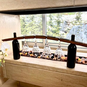 Wine Barrel Stave 4-Glass Stemware Bridge Display - Unique Wine Accessories & Gifts - Whiskey Barrel Furniture Decor