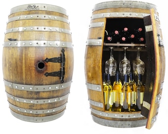 Whiskey Barrel Bar Cabinet with Stemware Shelf, Wine Barrel Wine Rack, Bourbon Liquor Display, Solid Oak Man Cave Anniversary Gift