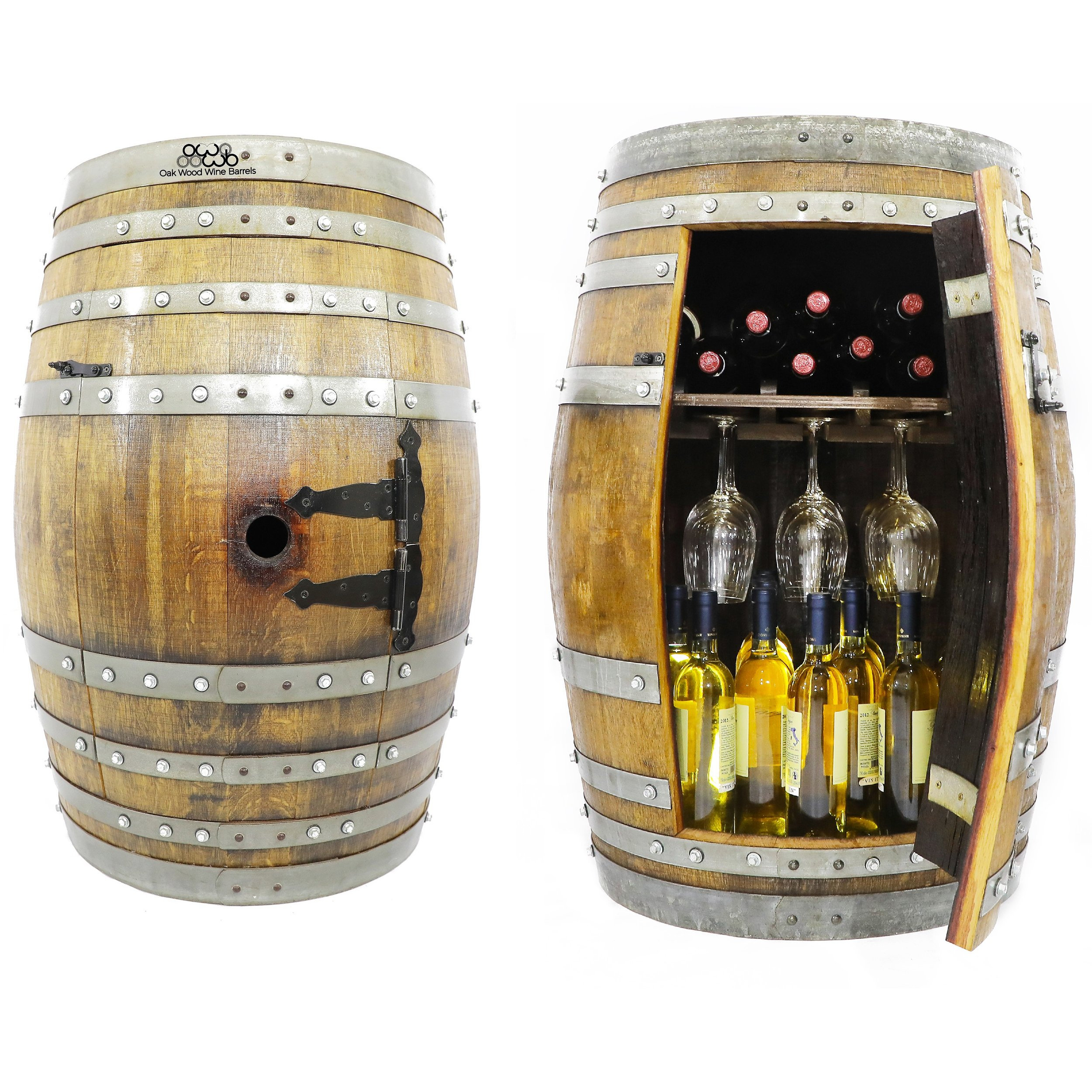 Whiskey Barrel Bar Cabinet with Stemware Shelf, Wine Barrel Wine Rack, Bourbon Liquor Display, Solid Oak Man Cave Anniversary Gift