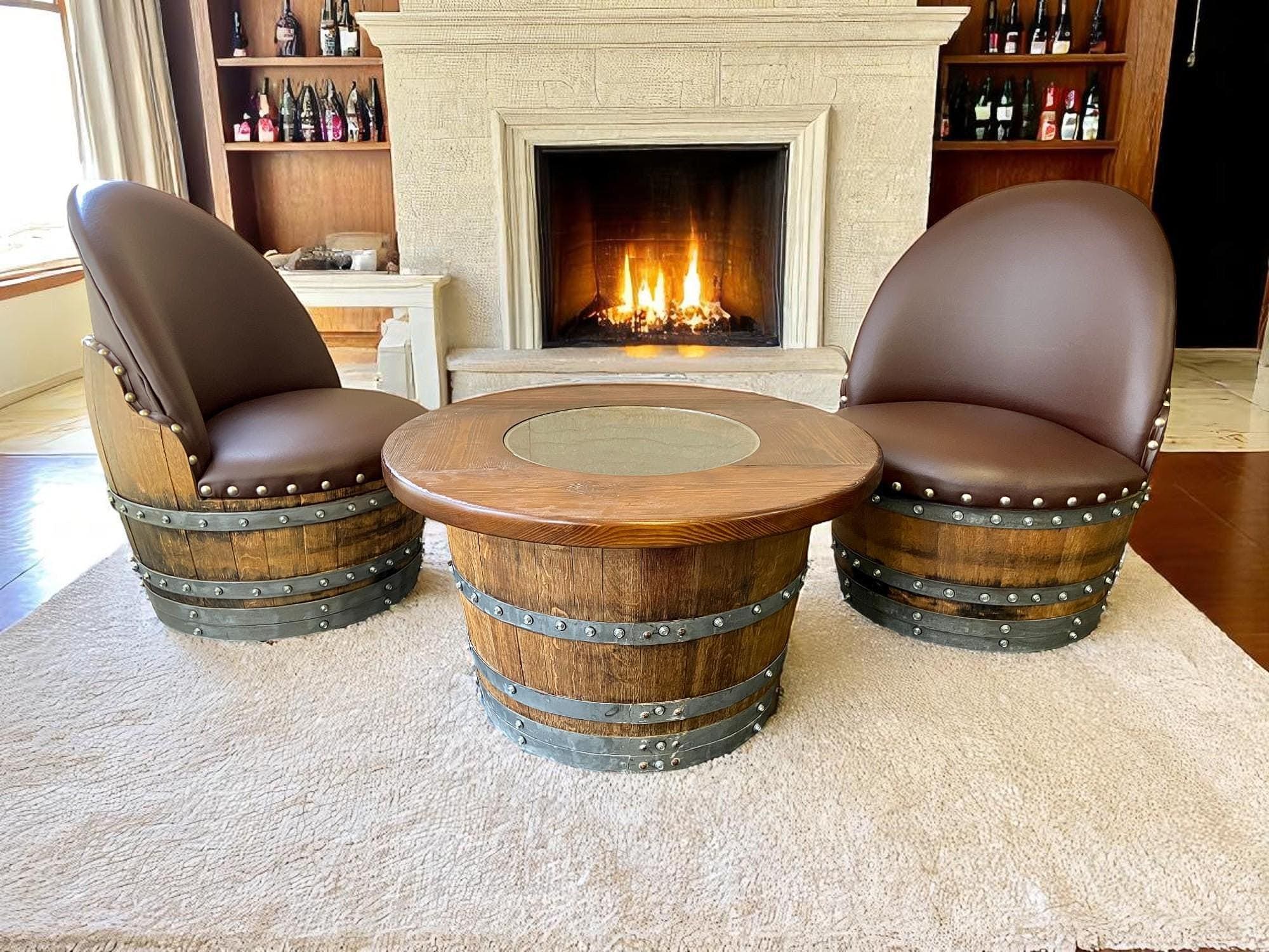 Whiskey Barrel Coffee Table Set With 2 Brown Chairs, Wine Barrel Living ...