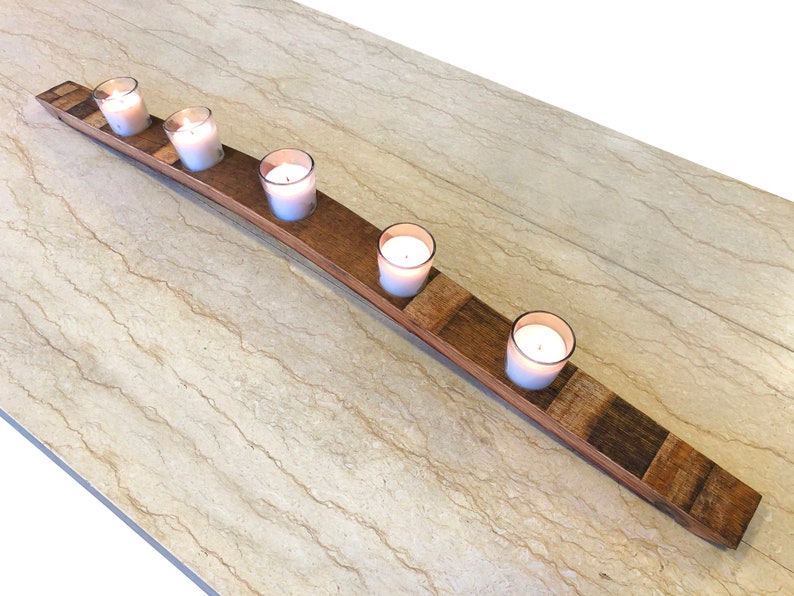 Wine & Whiskey Barrel Stave Candle Holder, Bourbon Oak Table Centerpiece with 5 Votives, Man Cave Decor Wedding Anniversary Gift image 3