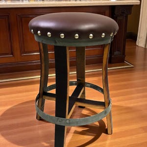 Brown Oak Barrel Bar Stool - Memory Foam Upholstery - Whiskey Barrel Stave Pub Stool - Counter Height - Handmade Wine Barrel Chair