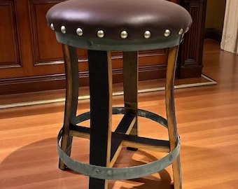 Whiskey Barrel Bar Stool with Memory Foam Pub Chair and Footrail, Wine Barrel Counter Stool, Bourbon Man Cave Decor