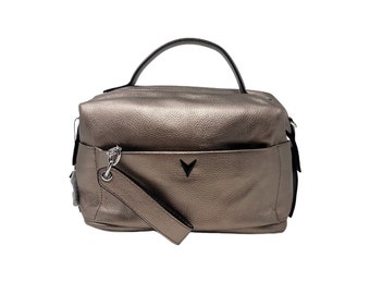 Metallic Leather Crossbody Bag / Leather Bag with extra strap/ Genuine Leather Shoulder Bag /Bronze Bag/ Leather Handbag