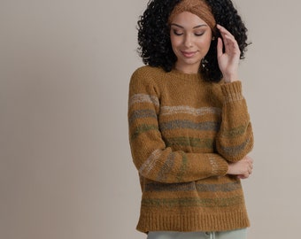 Alpaca Wool Crewneck Sweater, Striped Wool Pullover, Hypoallergenic, Cozy & Warm