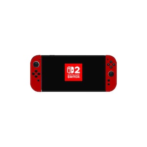 May include: A Nintendo Switch console in the horizontal position. The console has a black screen with the Nintendo Switch logo in red and white. The controllers on each side are red.