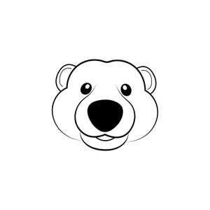 May include: A black and white cartoon illustration of a bear's face. The bear has a large black nose, small black eyes, and small rounded ears. The bear's face is round and friendly looking.