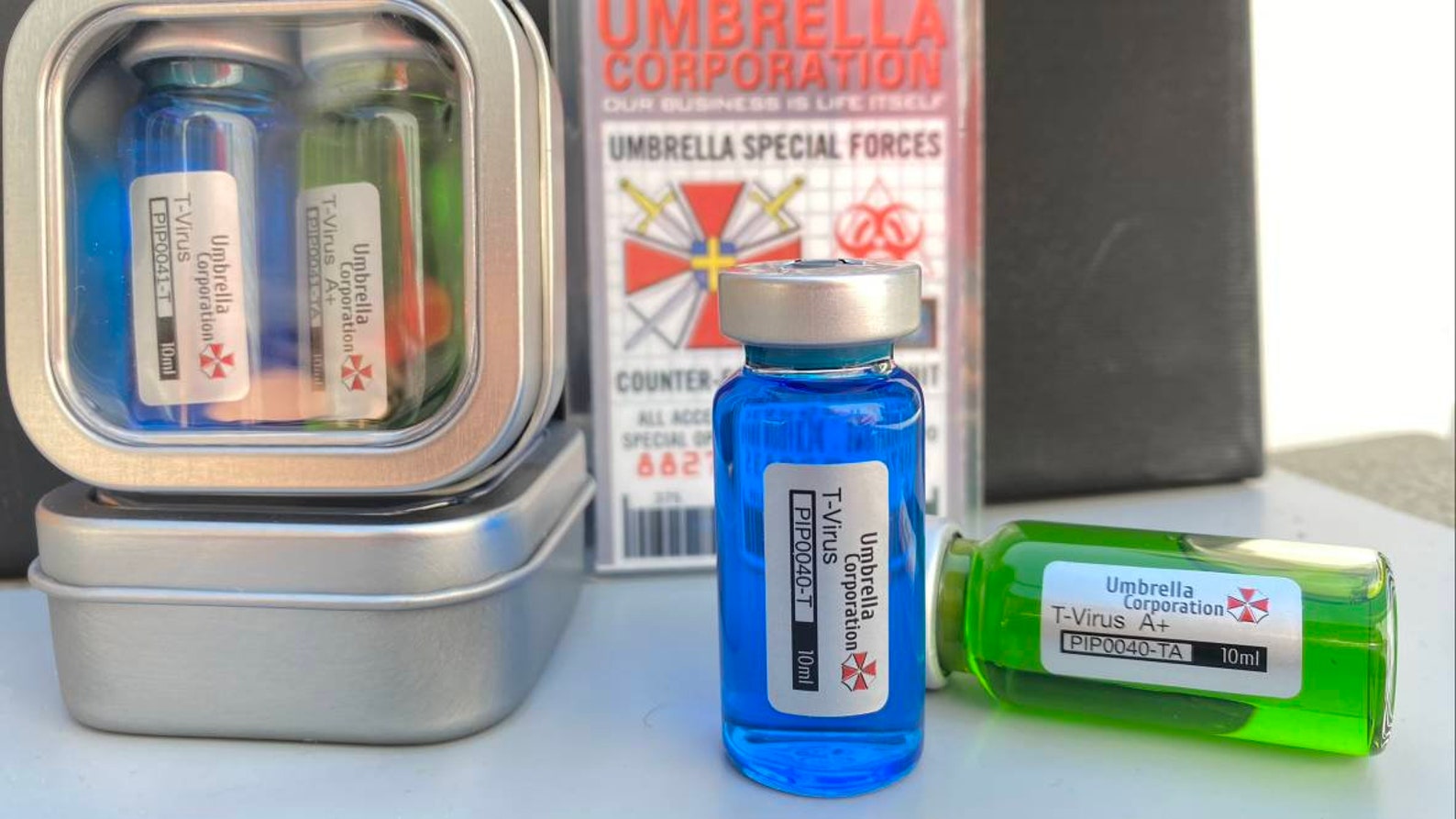 thumbnail image 2 of Umbrella Corporation T-Virus Prop & Antidote Vial Set – Resident Evil, Custom Made Display 2 of 5