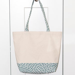 Canvas Tote Bag, Reusable Grocery Bag, Produce Bag, Travel Bag, Beach Bag, Weekender Bag, Unbleached Canvas, Blue with White Dots