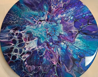 Pintura abstracta de resina fluida: decoración redonda de madera de 30 cm