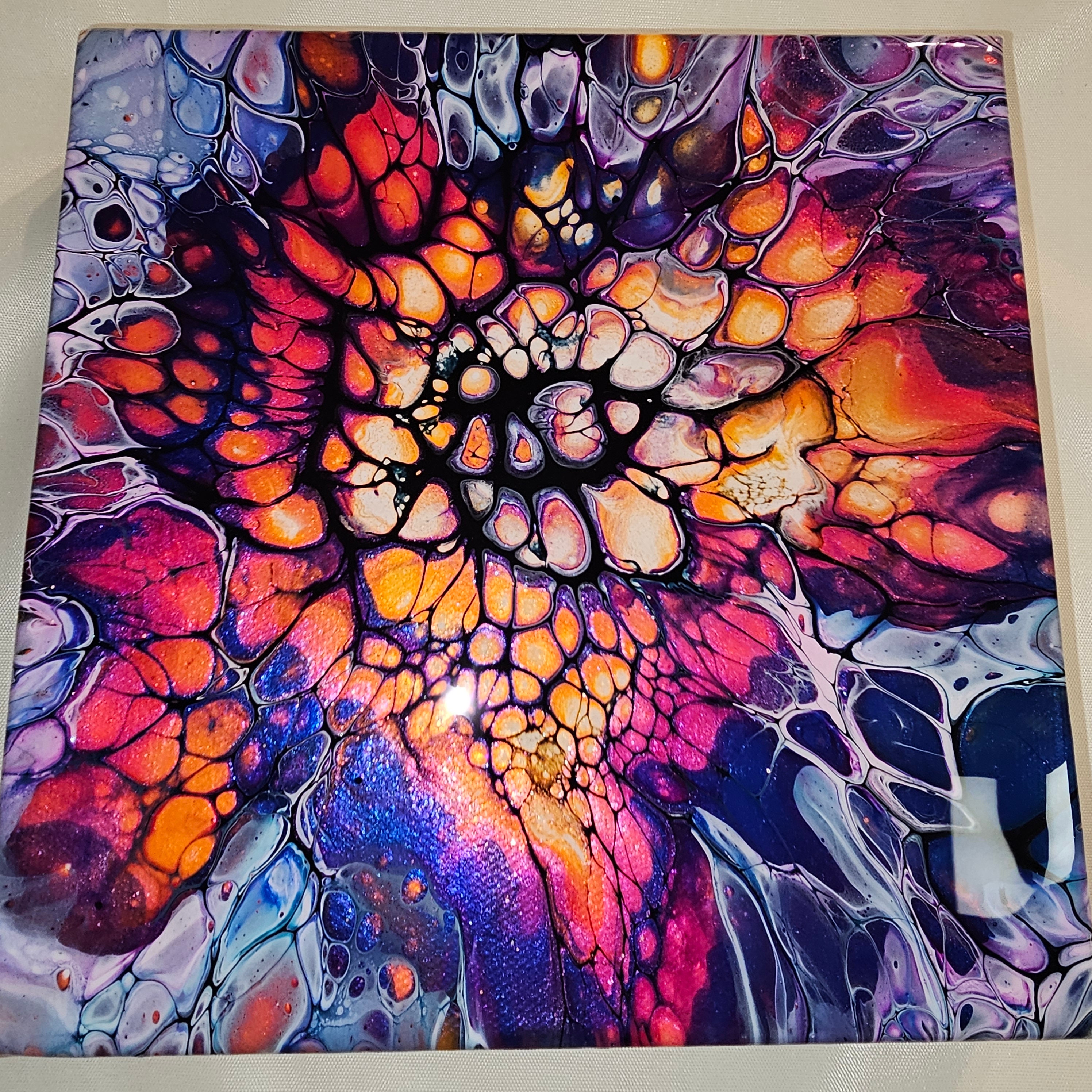 Resin Coated Abstract Acrylic Pour Painting: 8" Bloom Technique Handmade Art