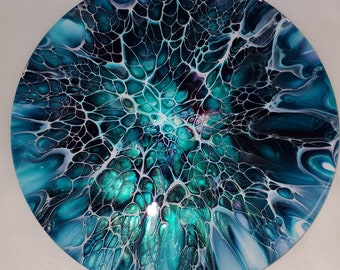Pintura acrílica abstracta redonda de 20 cm: técnica Teal Bloom Art