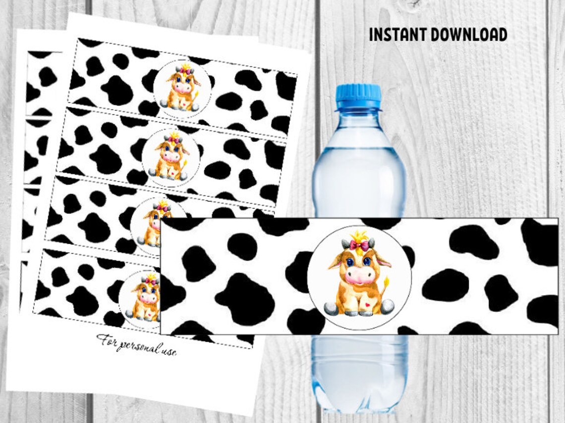 Cow water bottle labels template Bull baby shower birthday Etsy