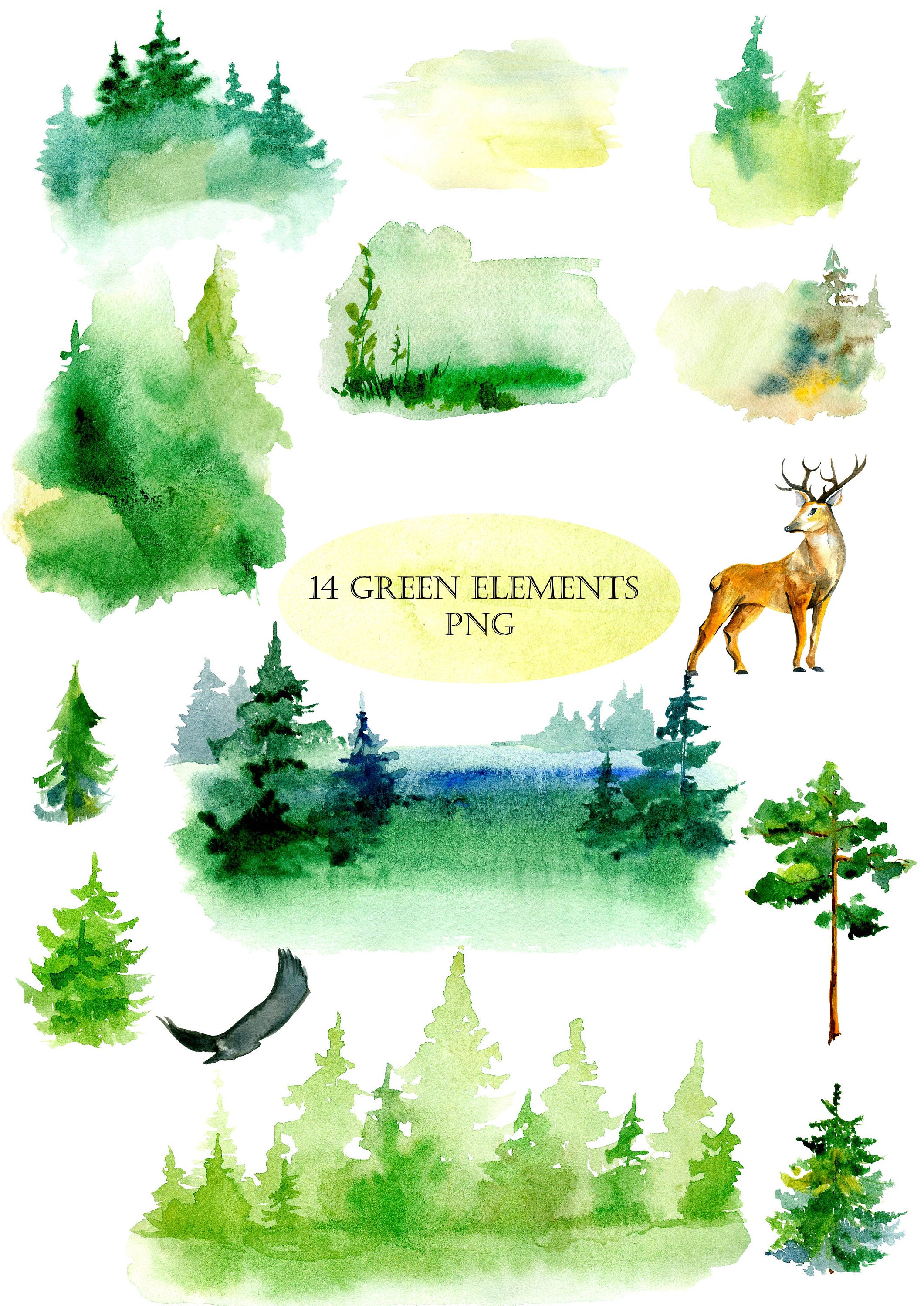 Watercolor Forest PNG Сlipart original Full Moon Green blue | Etsy