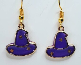 Handmade, unique, eerie, gold-plated witches hat earrings with a Halloween theme—goth, alternative