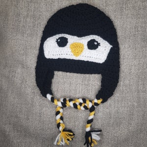 Handmade, animal, penguin, cute, crocheted hat/beanie in sizes 0-3, 3-6, 6-9, 9-12 months for children, teens, and adults