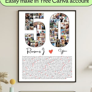 50 powodów, dla których Cię kocham Edytowalny szablon 50. prezent urodzinowy dla niego Niestandardowy kolaż zdjęć Ramka na zdjęcia Wydrukuj prezent dla chłopaka męża