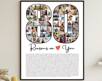 80  Reasons We Love You Editable Template 80th Birthday Gift For Father's Day Custom Photo Collage Picture Frame Printable Gift For Dad