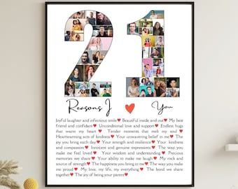 Plantilla de collage de fotos personalizada con 21 razones por las que te amo. Regalo de fotos para el 21.° cumpleaños para hijo e hija. Regalos de collage de fotos para novio y novia
