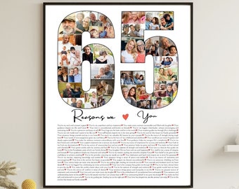 May include: A printable poster with a collage of photos in the shape of the number 65. The poster includes the text "Reasons we You" and a red heart.