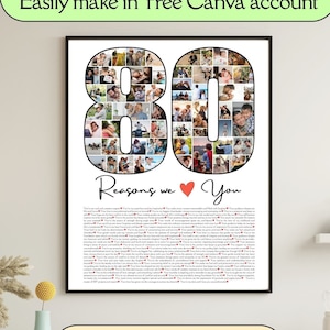 May include: A printable 80th birthday poster with a collage of photos in the shape of the number 80. The text "Reasons we love you" is written below the number. The poster is displayed on a white shelf in a room with a white wall.