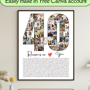 40 Reasons We Love You Editable Template Canva 40th Birthday Gift For Women Custom Photo Collage Picture Frame Printable Gift For Husband