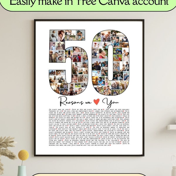 50  Reasons We Love You Editable Template For Father's Day Custom 50th Birthday Photo Collage Thanksgiving Day Printable Gifts For Dad Papa