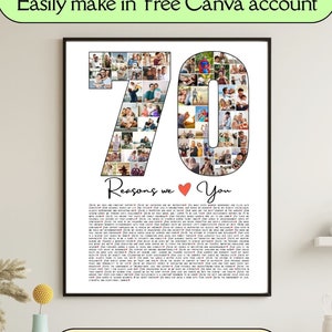 70 razones por las que te amamos Plantilla de collage editable Regalo de 70 cumpleaños para mamá Marco de fotos personalizado Imprimible Regalo de 70 cumpleaños para papá